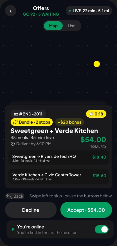 Meals Now driver app: delivery offers and bundle earnings