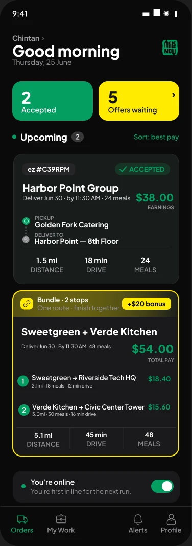 Meals Now driver app: orders dashboard and upcoming deliveries
